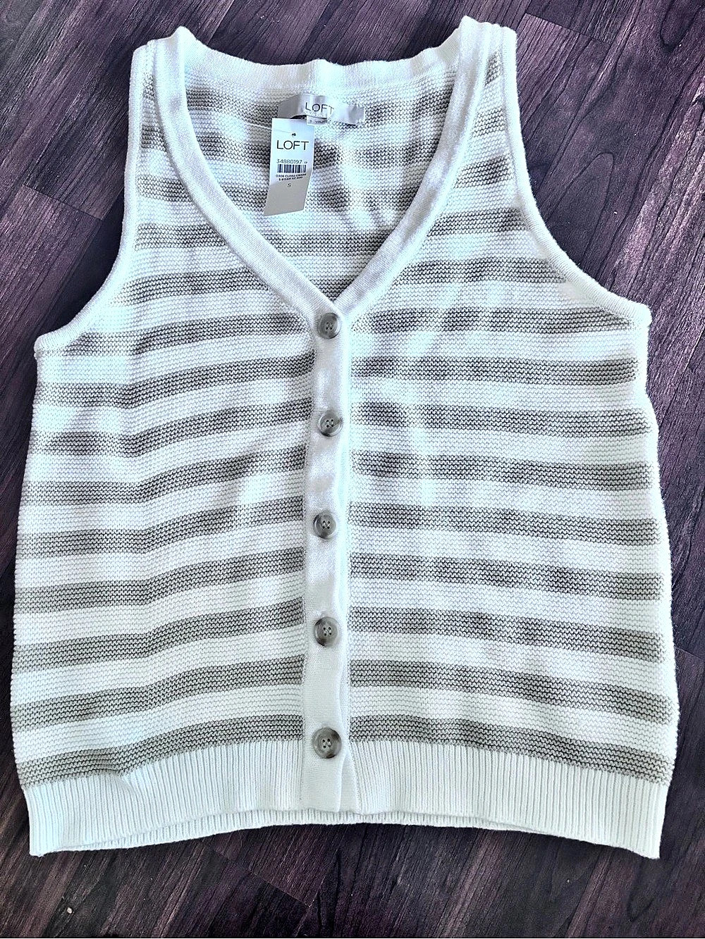 LOFT Striped Cotton Sweater Vest in White & Tan Size Small NWT